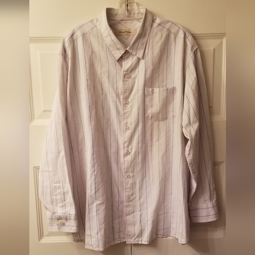 Tommy Bahama Men's Dress Shirt Cotton Silk Blend White Colored Stripes XXL EUC!